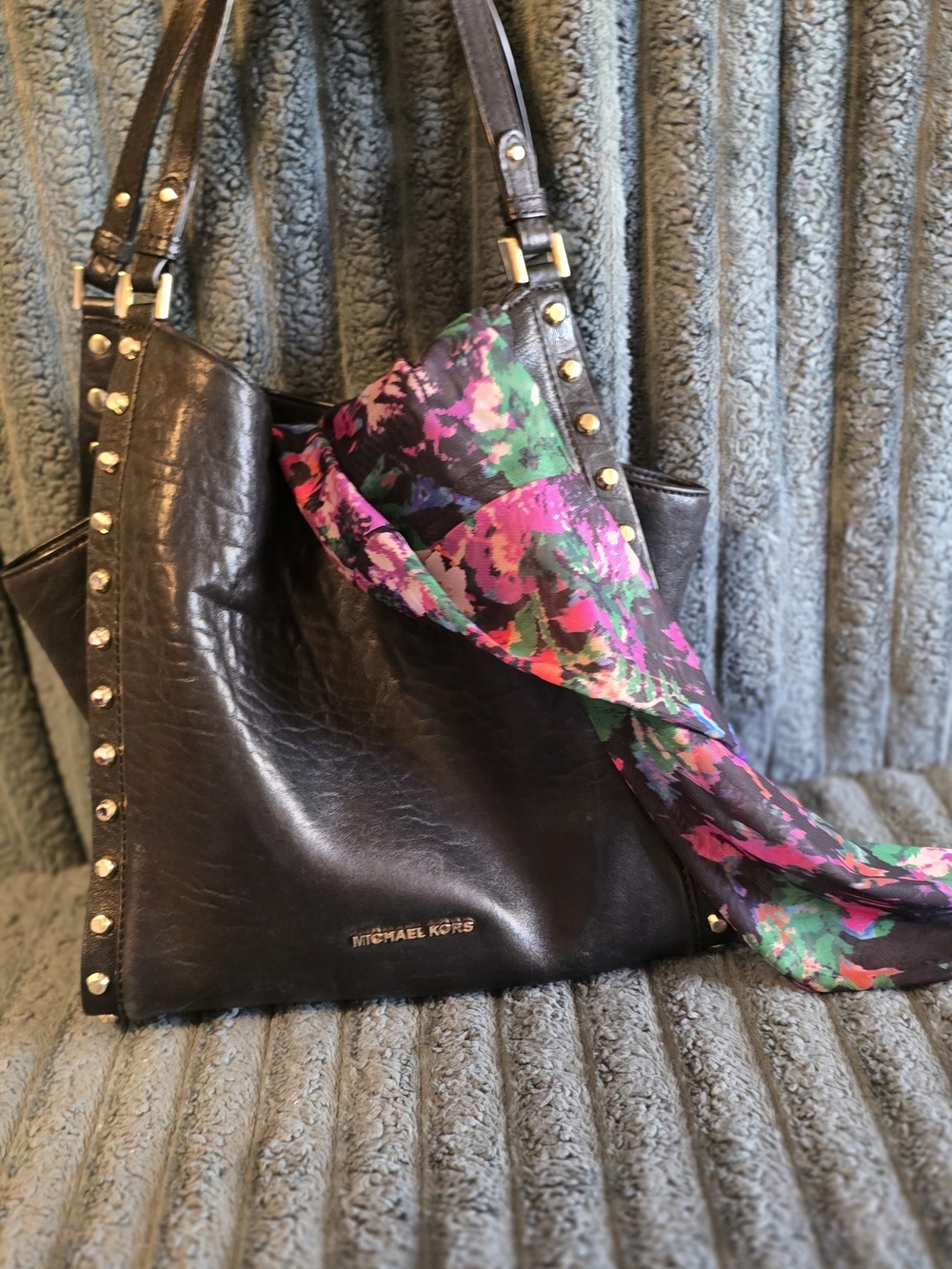 Michael Kors Newbury Studded Leather Black Tote Bag, Used (Scarf Not Included).